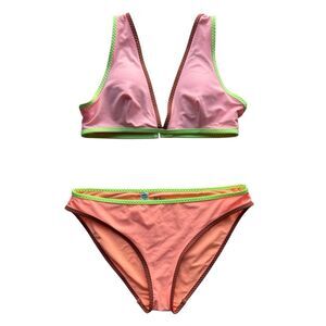 Aerie Color Block Wide Strap Plunge Bikini Top & Matching Bikini Bottoms Size M/